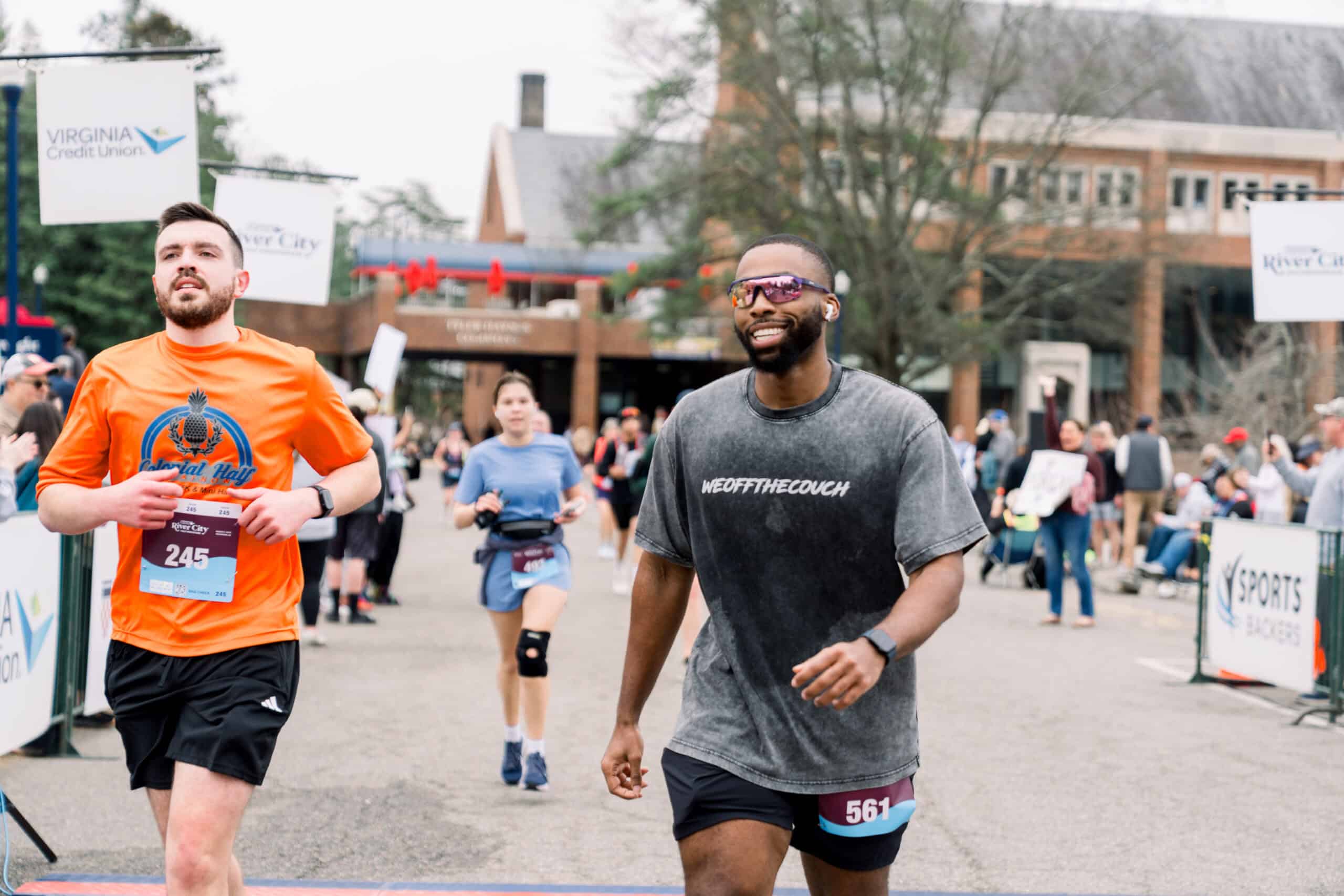 Runners cross the finish line at the Virginia Credit Union River City Half & River City 5k.