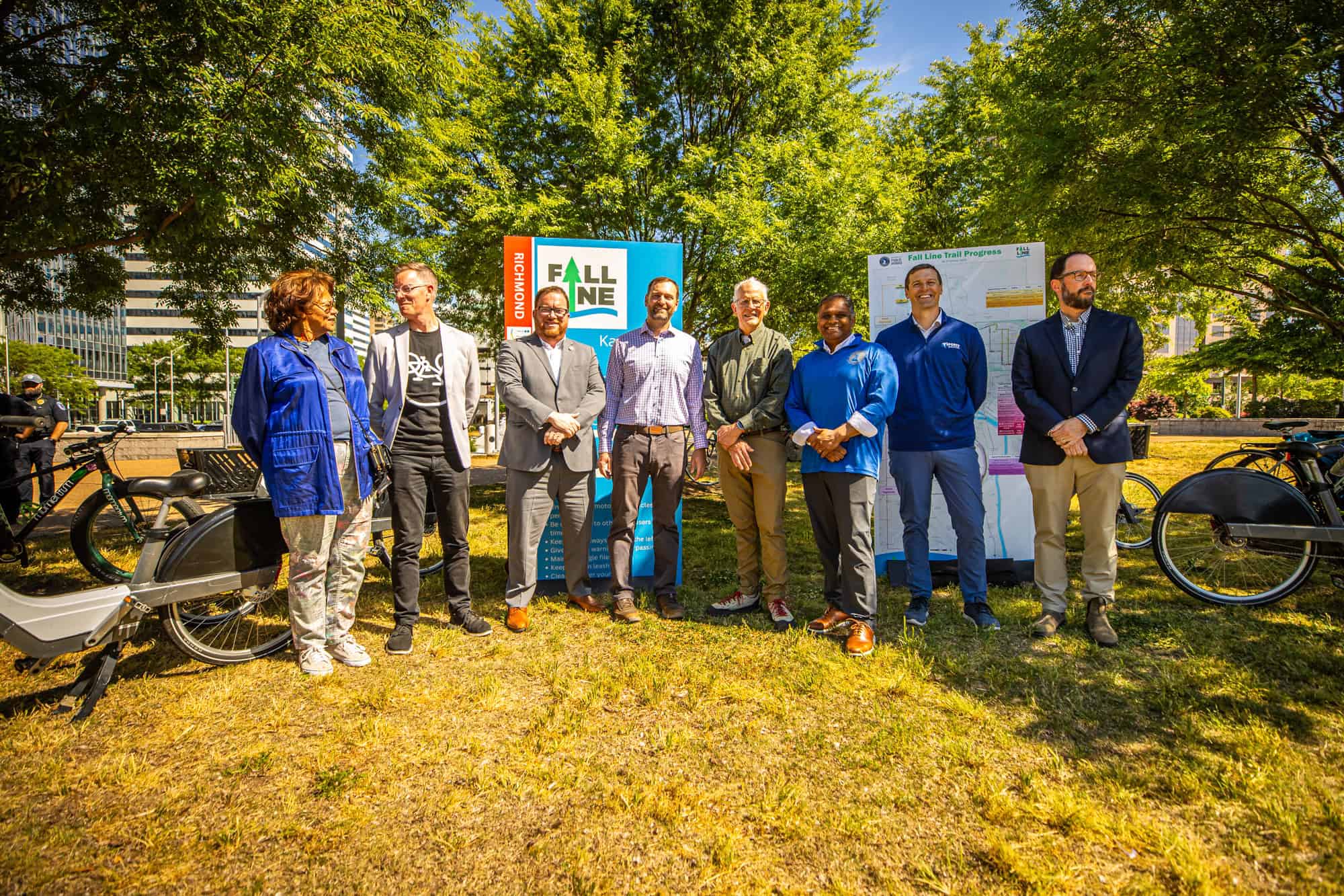 Representatives from multiple bike organizations, as well as Sports Backers, May Danny Avula, and First Gentleman Adam Spanberger gather to celebrate Bike Month.